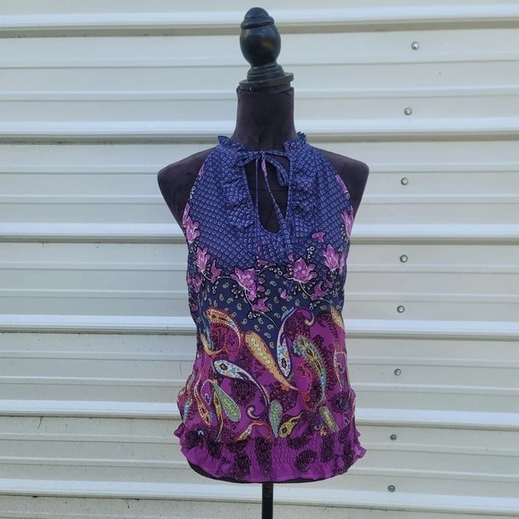 XX1 Blouse Tank Top Paisley Floral Multicolor Ruffles Stretch Tie Neck Sz S - Picture 1 of 9